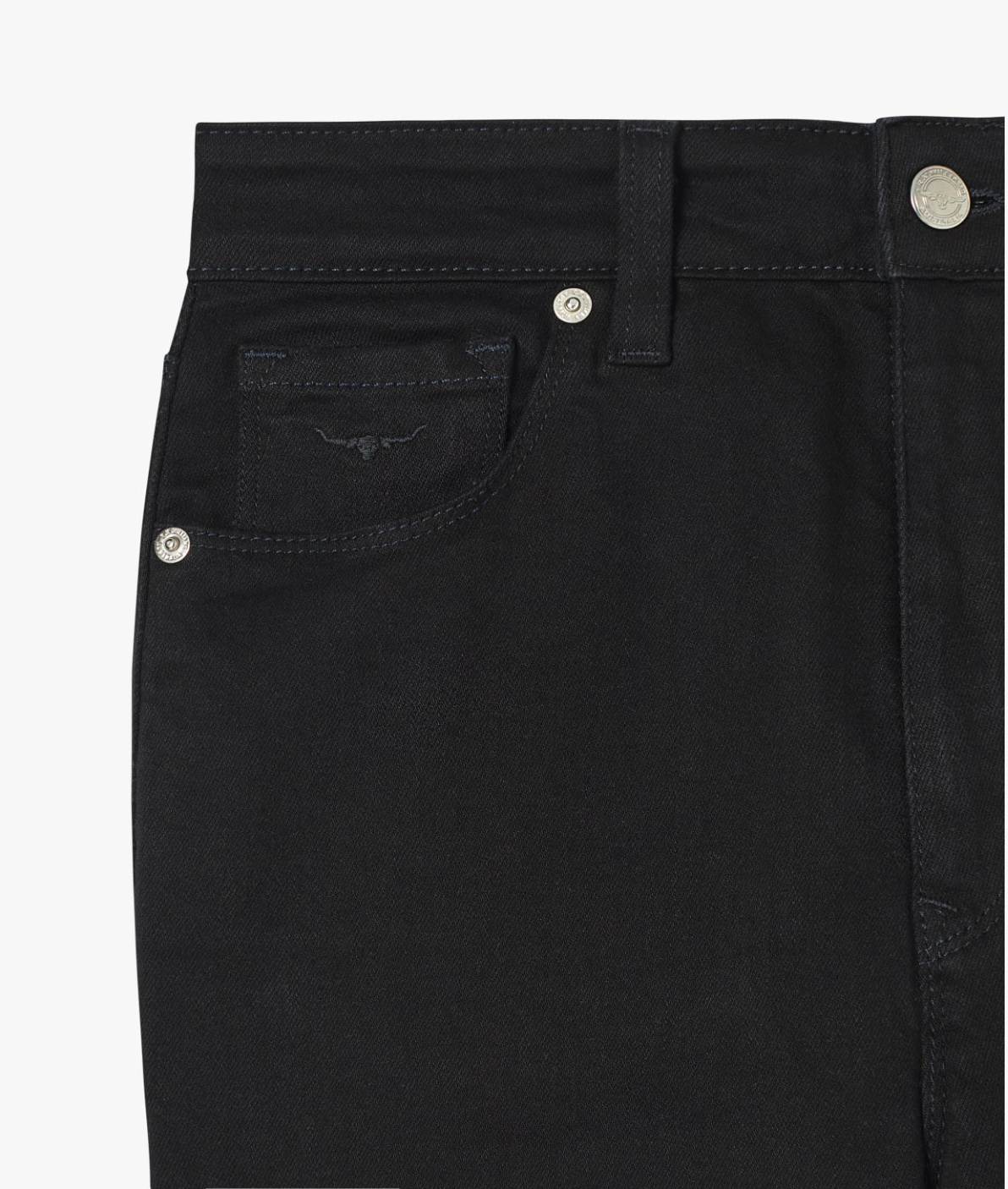 Close-up of a pair of RM Williams Albury Jeans in black denim, showcasing a high-rise skinny fit with a small front pocket adorned with Longhorn embroidery, metal rivets on the pockets, and a metal button on the waistband. The texture of the stretch cotton denim fabric is visible.