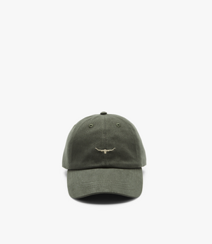 The RM Williams Mini Longhorn Cap is a stylish olive green baseball cap made from durable cotton twill, featuring minimalist white longhorn embroidery. It has an adjustable strap for a perfect fit and provides a plain white background for the embroidered design.