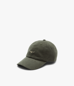 The RM Williams Mini Longhorn Cap, made from soft cotton twill in olive green, showcases a small embroidered abstract logo on the front. It features an adjustable strap for comfort and is stylishly placed at an angle against a plain white background.