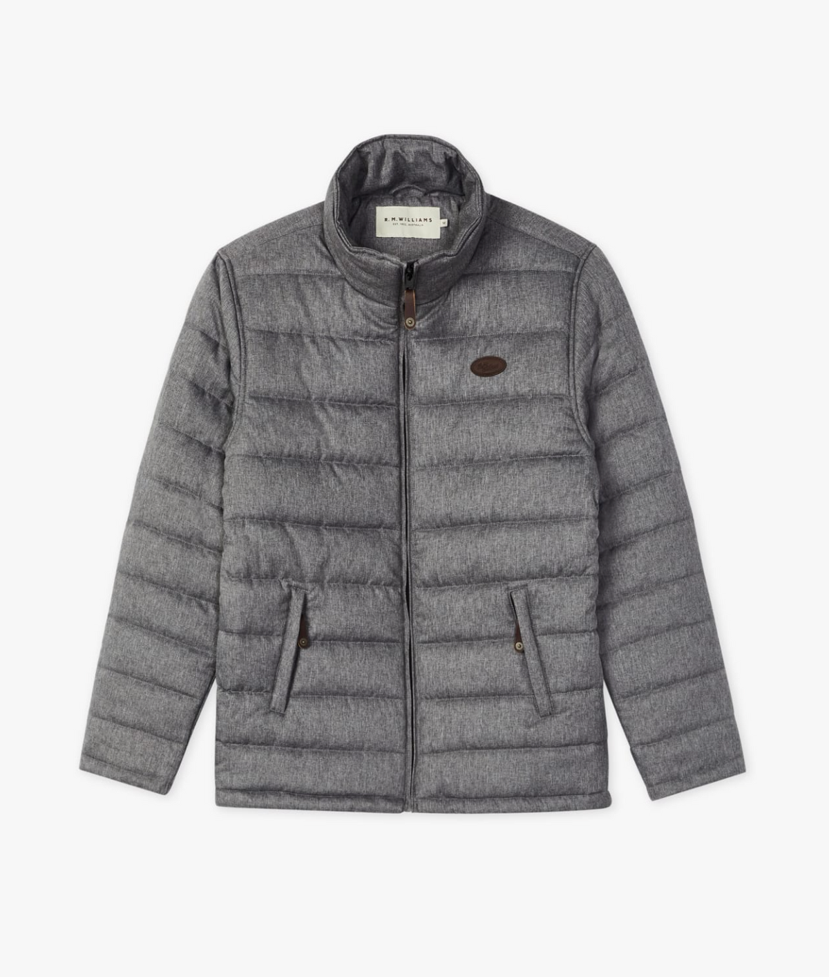 The RM Williams Patterson Creek Jacket is a sleek gray quilted puffer featuring a zippered front, polyester twill fabric, high collar, stitched logo on the chest, and button-accented side pockets for an understated yet stylish look.