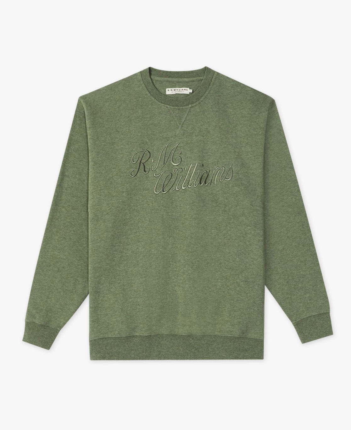 The RM Williams Script Crew Neck is a green jumper with long sleeves, featuring an elegant embroidered "R.M. Williams" logo across the chest, crafted from a soft cotton blend for ultimate comfort and style.