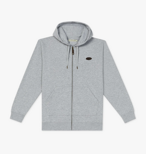 The RM Williams McKinlay Hooded Sweatshirt is a gray cotton blend with front kangaroo pockets, drawstring hood, and a small oval chest patch. Background is white.