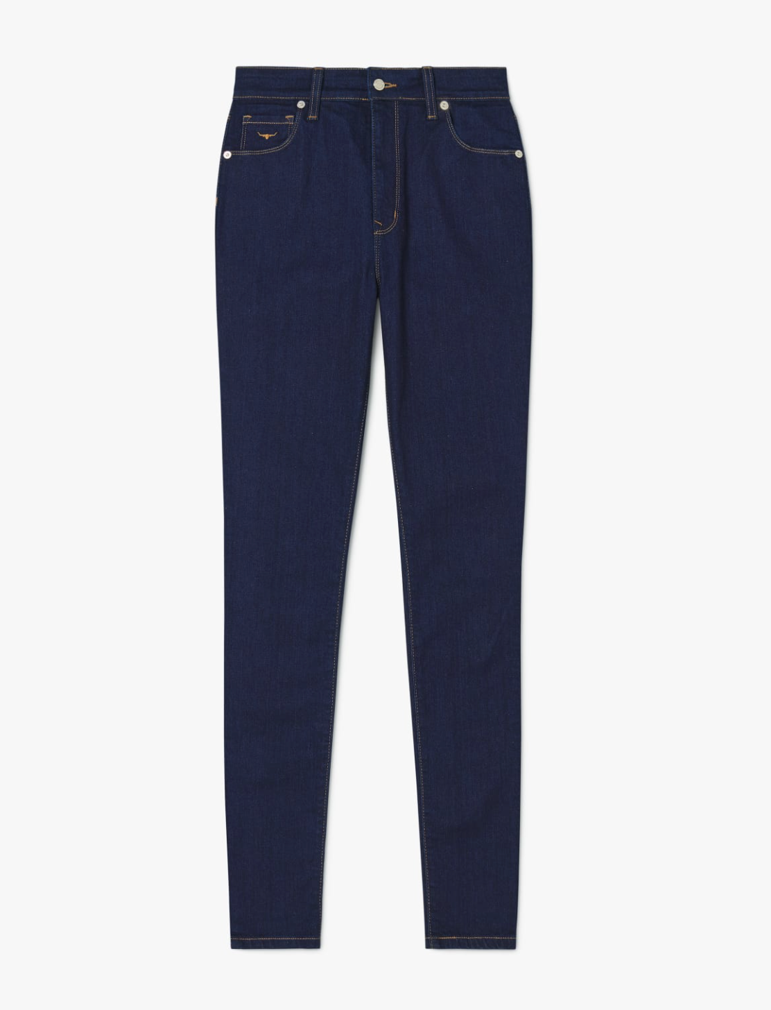 The RM Williams Albury Jean is a pair of dark blue high-rise skinny fit jeans crafted from stretch cotton, featuring a slim design. The classic five-pocket style includes button closure and belt loops, with contrasting brown thread detailing the pockets and seams. Longhorn embroidery accents the piece, laid flat against a white background.