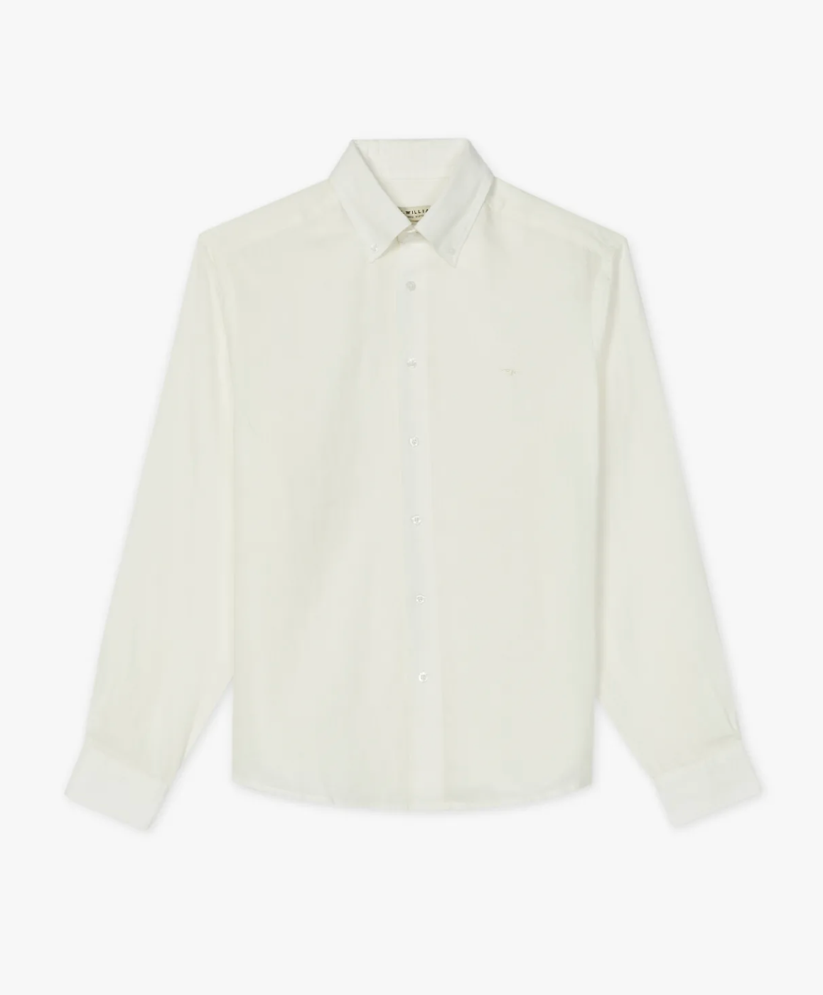 The RM Williams Coalcliff Shirt is a plain, long-sleeved off-white linen shirt with buttoned cuffs and collar, laid flat on a white background. Features subtle Longhorn embroidery for a distinctive touch.