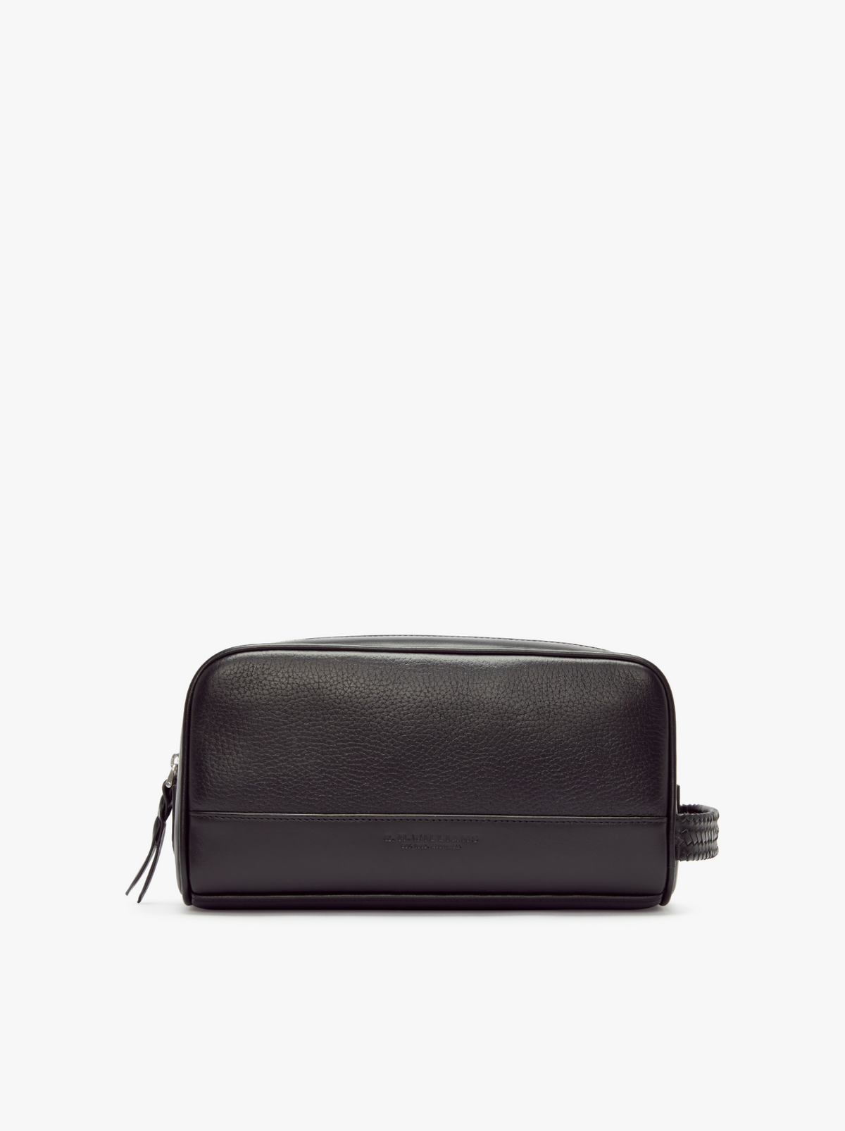 The RM Williams City Washbag features a black full grain leather exterior with a pebbled texture and a smooth lower panel. It boasts a zipper closure on top and a small handle on the side. Spacious and sleek, this minimalist toiletry bag is perfect for carrying your essentials.