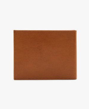 The RM Williams Singleton Bi-fold Wallet, crafted from brown calf leather with a smooth minimalist design, is displayed against a white background. The closed wallet showcases elegant craftsmanship and offers RFID protection.