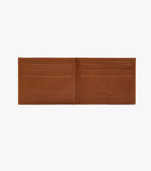The RM Williams Singleton Bi-fold Wallet in brown calf leather features six card slotsāthree per sideāand embossed branding on the lower right interior. The empty wallet is shown against a white background.