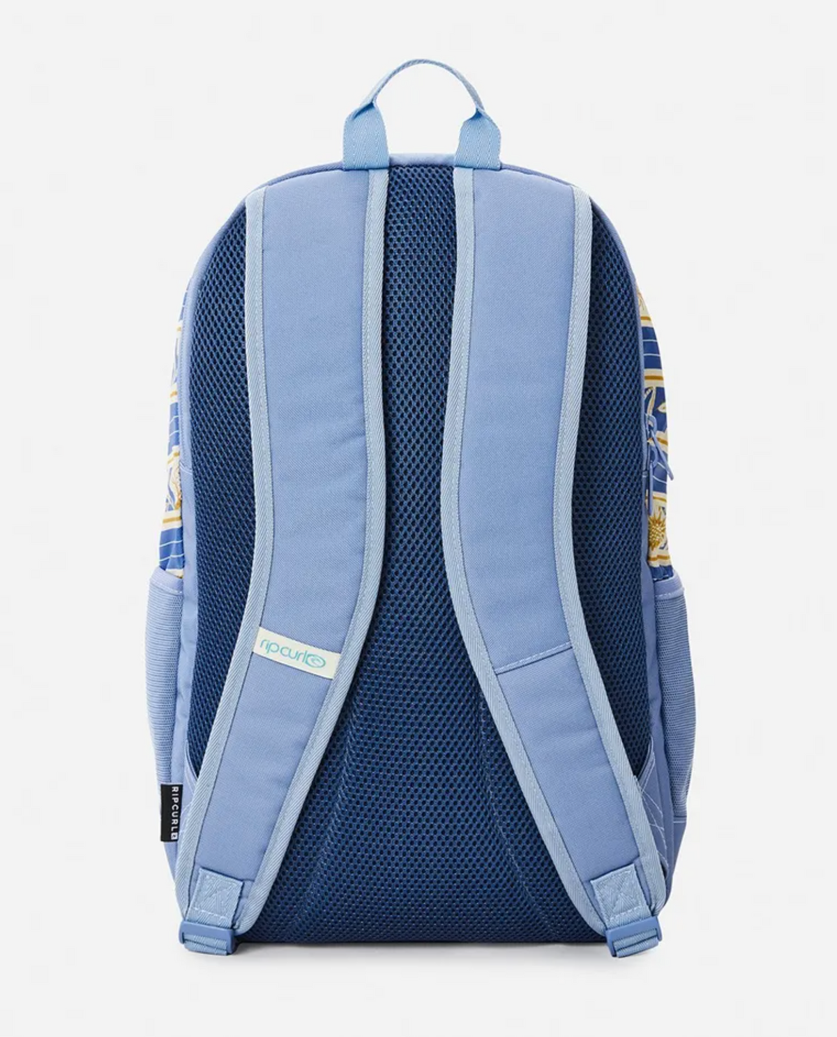 The Rip Curl Ozone 2.0 30L Backpack features a padded shoulder strap and mesh back panel, crafted from recycled polyester with light geometric side patterns and a handy top carry handle, combining style and sustainability.
