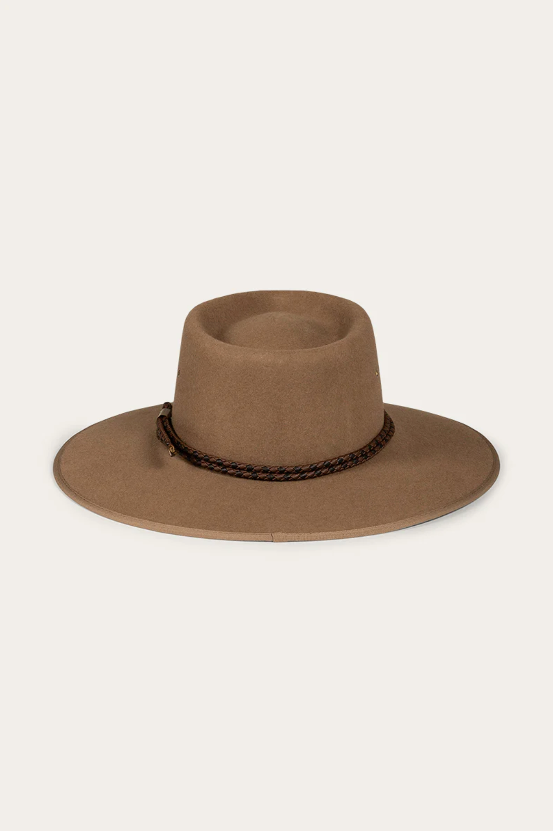 The Ringers Western Minamurra Hat is crafted from premium felt and features a brown wide-brimmed design with a flat top and braided band, epitomizing elegance for those who value style and substance.