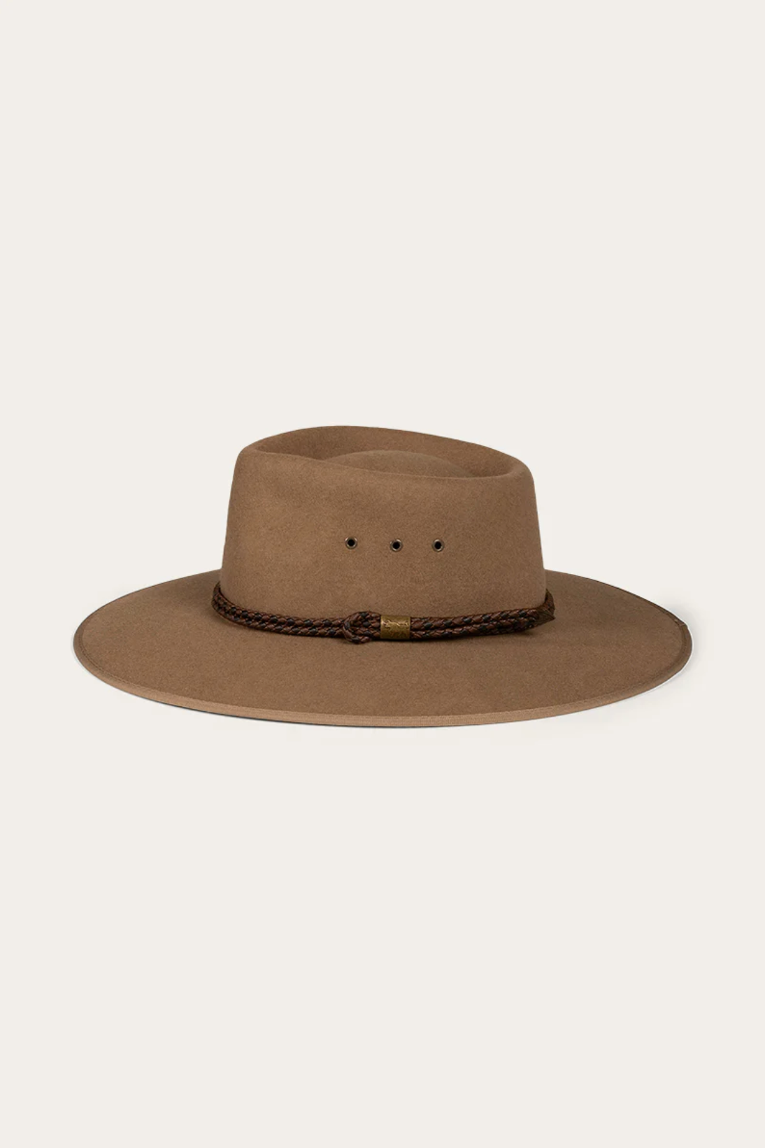 Introducing the Ringers Western Minamurra Hat: a premium felt hat with a wide brim, braided leather band, and three ventilation holes on each side for stylish comfort in brown.