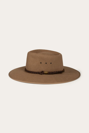Introducing the Ringers Western Minamurra Hat: a premium felt hat with a wide brim, braided leather band, and three ventilation holes on each side for stylish comfort in brown.