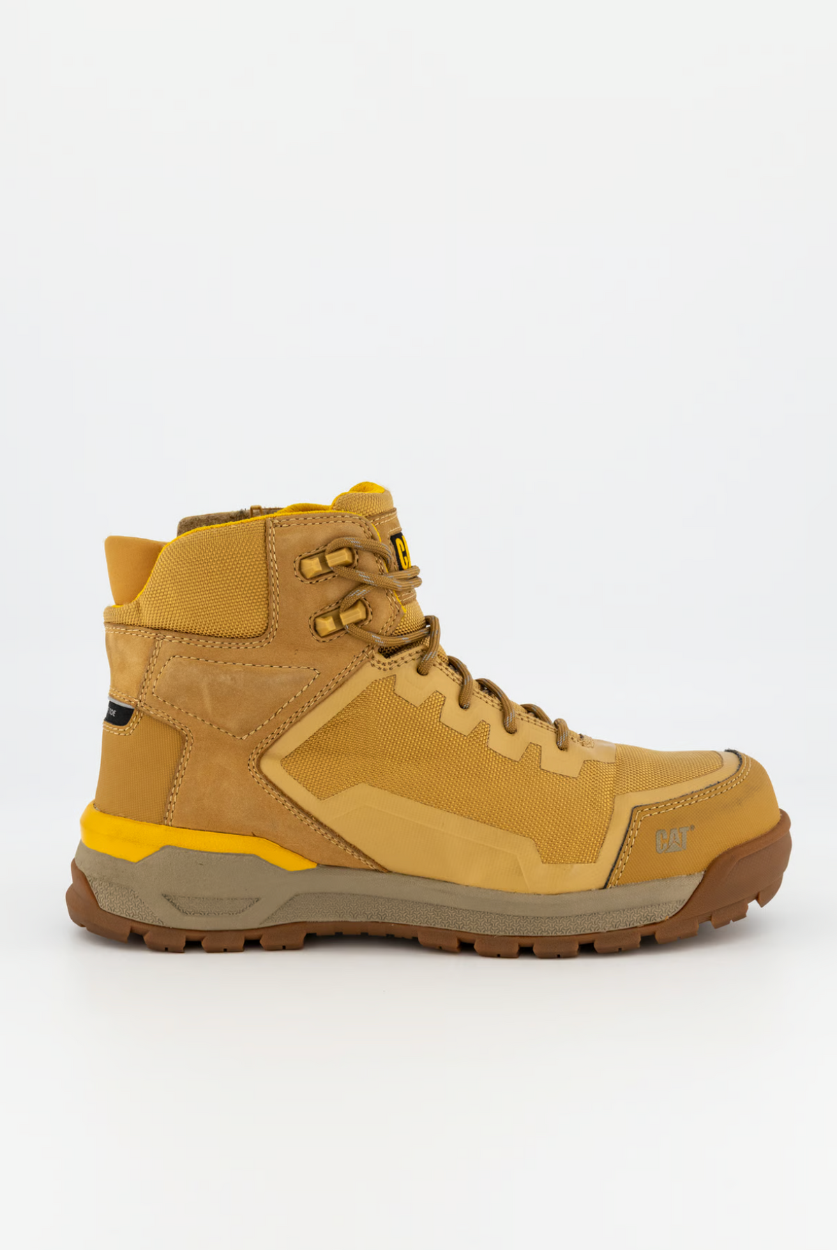 The CAT Propulsion CT Zip Work Boot is a tan and yellow hiking boot with a rugged design, featuring a thick sole, composite toe protection, ankle support, detailed stitching, lace-up closure, comfort footbed, reinforced areas for durability, and slip resistance against a white background.