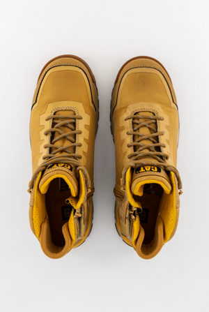 A pair of yellow CAT Propulsion CT Zip Work Boots with brown laces, rugged soles, and a comfort footbed, shown from above. These slip-resistant boots are placed side by side on a white background.