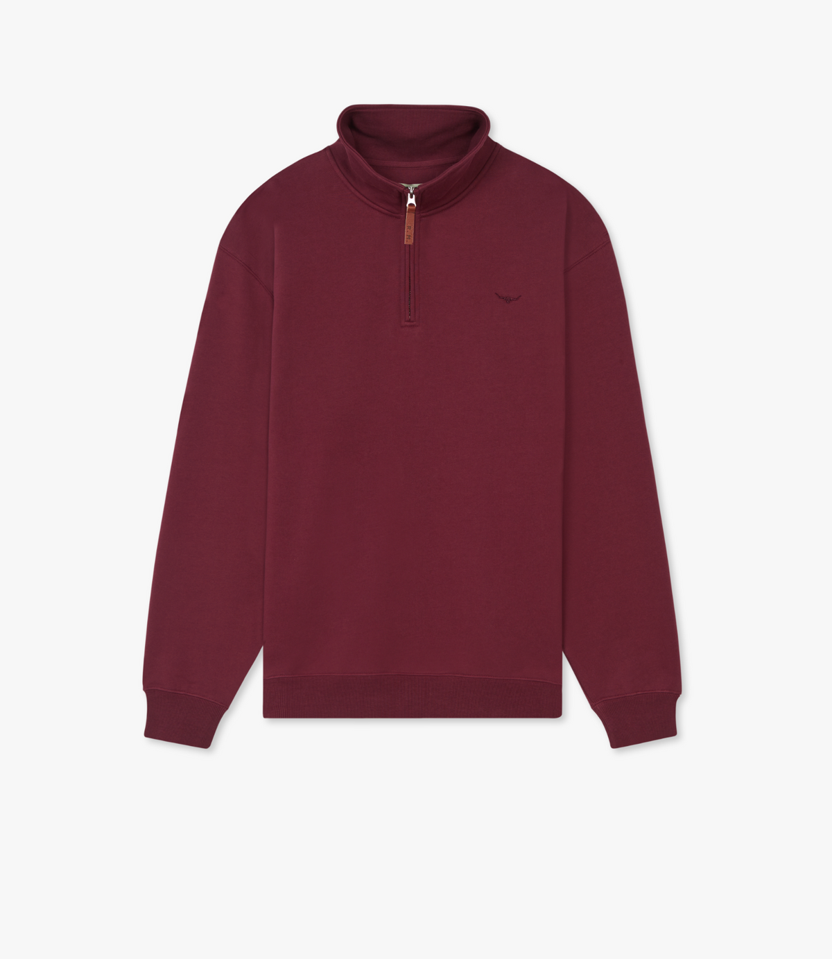 The RM Williams Mulyungarie Fleece is a maroon quarter-zip sweatshirt in brushed cotton fleece with ribbed cuffs and hem, a small embroidered logo on the left chest, and a brown zipper pull tab. Shown against a white background.
