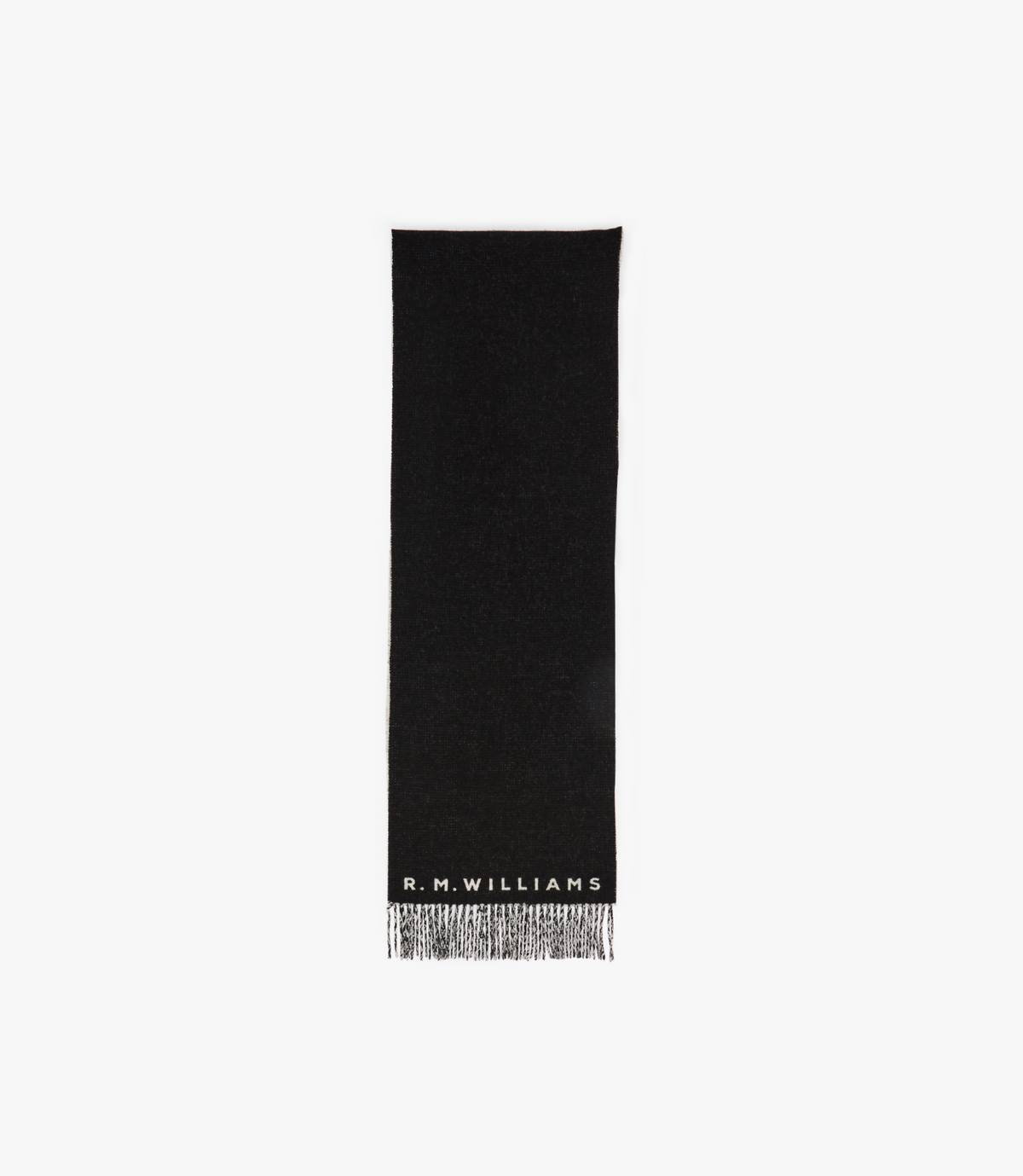 Introducing the RM Williams Logo Scarf: a long, narrow black wool scarf with stylish tassel trim and featuring "R.M. WILLIAMS" in white uppercase letters near the fringe against a plain backdrop.