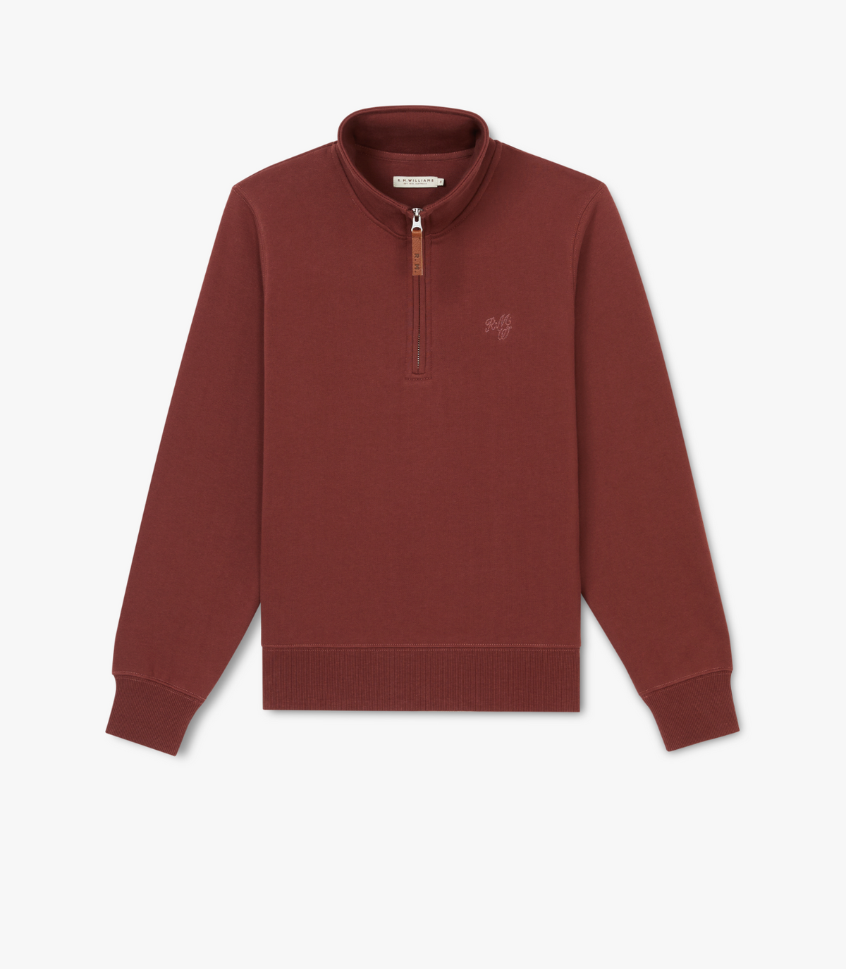 The RM Williams Trickett Zip Neck Sweatshirt is a maroon quarter zip pullover featuring ribbed cuffs and hem, a stand-up collar, soft brushed fleece for comfort, and a small embroidered logo on the left chest.
