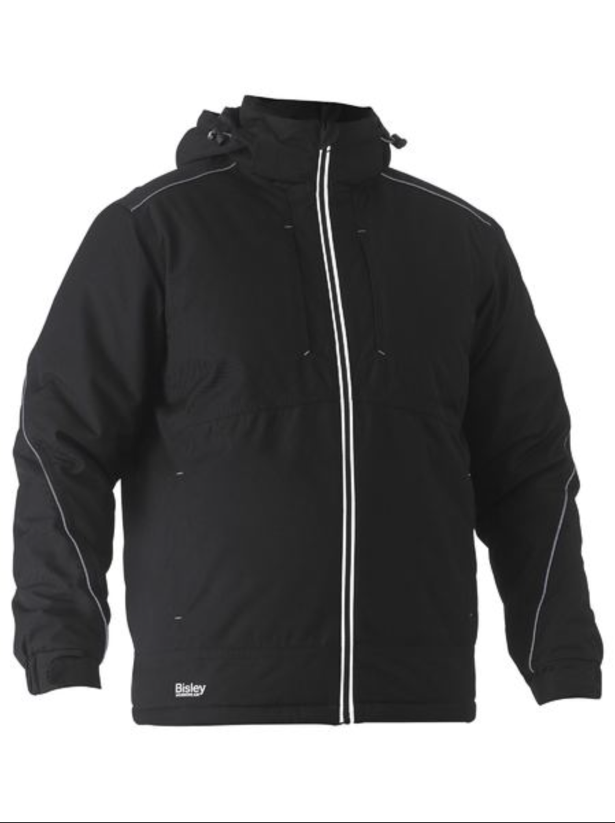 Bisley Heavy Duty Dobby Jacket: A black, hooded winter jacket with a front zipper, reflective piping, waterproof build, and padded for warmth. It has quilted lining, side pockets, and the Bisley brand near the bottom hem.
