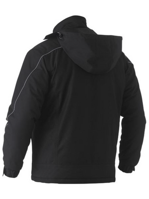 Viewed from the back, the Bisley Heavy Duty Dobby Jacket in black features a hood and subtle reflective piping along the shoulders and sleeves. This waterproof jacket offers elastic cuffs and a quilted lining for added warmth.
