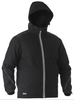 The Bisley Heavy Duty Dobby Jacket, with a black hood and white piping along the zipper and seams, offers a bold contrast. This waterproof jacket has a high collar, features the Bisley logo on the front left near the hem, and provides thick warmth for both style and functionality in bad weather.