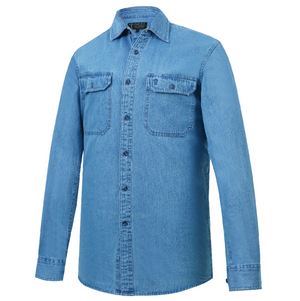 The Ritemate Denim Shirt is a blue denim shirt with long sleeves and a button-up front, made from 100% Cotton Denim. It includes two buttoned chest pockets with flaps and a collar, offering a casual, relaxed fit.