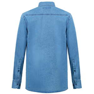 Back view of the Ritemate Denim Shirt, a long-sleeved, light blue piece made from 100% Cotton Denim. This shirt features buttoned chest pockets, a classic collar, buttoned cuffs, and a slightly curved hem. The fabric exhibits the typical texture of denim with visible stitching along the seams and shoulders.