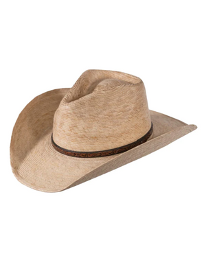 Introducing the Outback Rio Straw Hat: a tan cowboy hat with a dark brown band, wide brim, and slightly creased crown. It offers UPF40 protection and moisture-wicking properties, perfect for sunny days. Displayed against a white background.