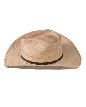 The Outback Rio Straw Hat features a beige straw design with a slightly curved brim and a decorative dark band, offering UPF40 protection. Its moisture-wicking properties make it stylish and practical for sunny days.