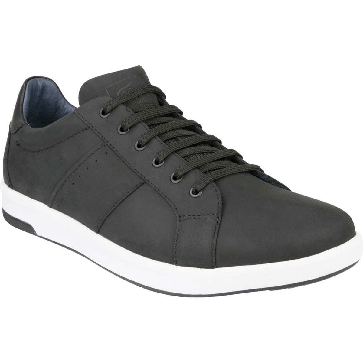 The Florsheim Crossover Lace Sneaker is a black leather shoe with a matte finish, black laces, and white sole. Its low-cut design, minimal stitching, and cushioned footbed provide a sleek, modern look and added comfort.