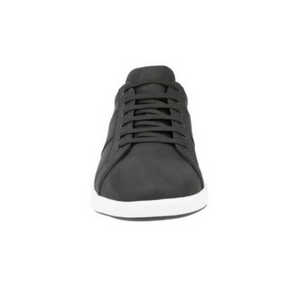Front view of the Florsheim Crossover Lace Sneaker in black leather, featuring a simple design with black laces, a smooth upper, white sole, and slip-resistant base for stability.