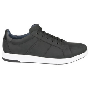 The Florsheim Crossover Lace Sneaker is a black leather low-top with a white sole, lace-up closure featuring black laces, and subtle stitching. It includes a dark gray inner lining and cushioned footbed for comfort.