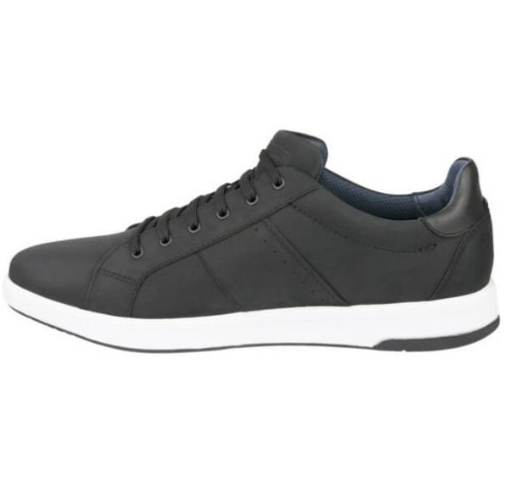 The Florsheim Crossover Lace Sneaker is a black casual leather sneaker featuring a sleek design with black laces, subtle stitching, and a contrasting white sole. It has a dark accent on the heel, slip-resistant low-top style, and cushioned footbed for modern comfort.