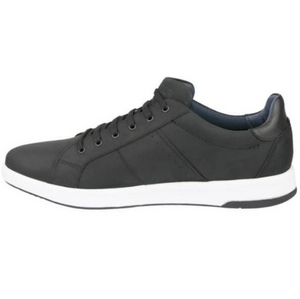 The Florsheim Crossover Lace Sneaker is a black casual leather sneaker featuring a sleek design with black laces, subtle stitching, and a contrasting white sole. It has a dark accent on the heel, slip-resistant low-top style, and cushioned footbed for modern comfort.
