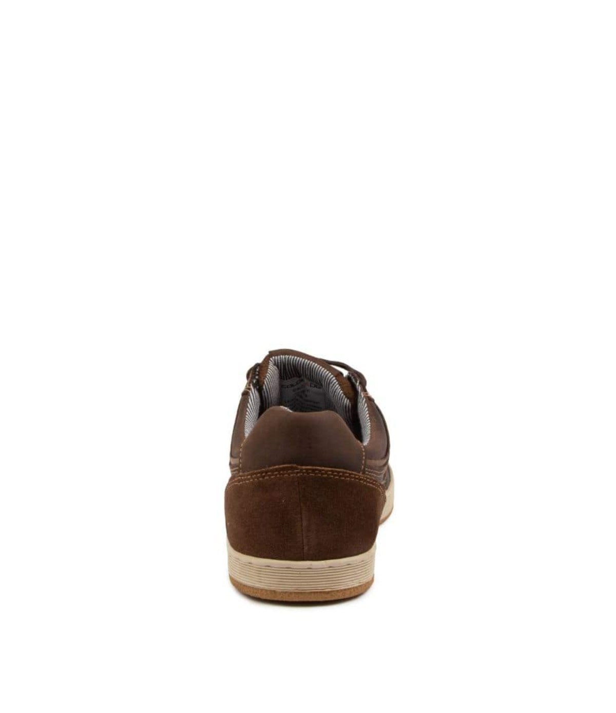 Rear view of the Colorado Eiko Leather Sneaker showcasing a brown suede finish, rubber grip outsole, low-cut design, and lightly textured sole against a plain white background.
