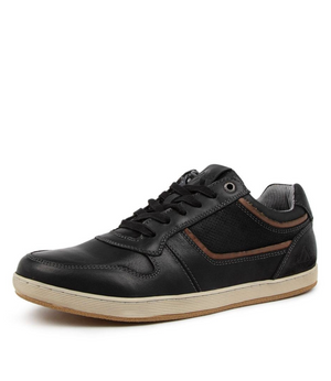 The Colorado Eiko Leather Sneaker features black leather with brown oiled leather accents, black laces, and a white textured rubber outsole, shown at a slight angle on a white background.