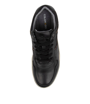 Top view of the Colorado Eiko leather sneaker, featuring a black oiled leather upper, black laces, rubber grip outsole, rounded toe, and subtle stitching. The insole is branded with "COLORADO.