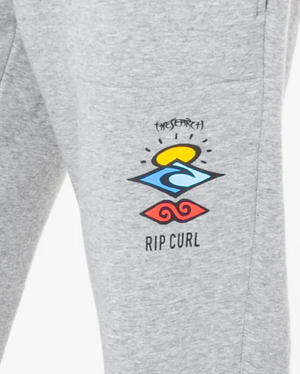 Rip Curl's Search Icon Track Pant in grey features a vibrant abstract logo with a sun, wave, and red swirl. With "The Search" above and "Rip Curl" below the graphic, these plush Organic Brushed Cotton track pants have an elastic waist for comfort, perfect for any casual outing.
