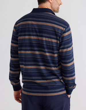 A person wearing the Breakaway Wallux Kinnersly Jersey Polo with dark blue, brown, and gray stripes is shown from the back. They have short hair and pair it with dark pants.