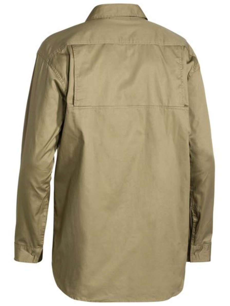 The Bisley Cool Lightweight Shirt is displayed from the back, showcasing its khaki color and long sleeves. This durable shirt features a straight back yoke with a mesh ventilation flap, buttoned cuffs, and a classic collar.