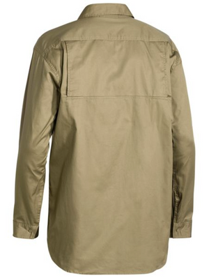 The Bisley Cool Lightweight Shirt is displayed from the back, showcasing its khaki color and long sleeves. This durable shirt features a straight back yoke with a mesh ventilation flap, buttoned cuffs, and a classic collar.