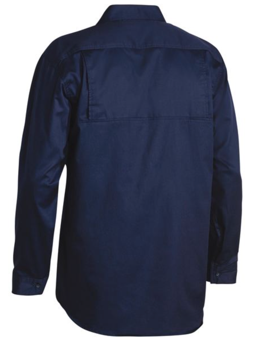 The image shows the Bisley Cool Lightweight Shirt, a long-sleeved, collared garment in a dark navy blue shade, viewed from the back. The shirt features a neat, structured design with buttoned cuffs and a yoke across the upper back. Made of hard-wearing drill cotton, the fabric appears smooth and durable.