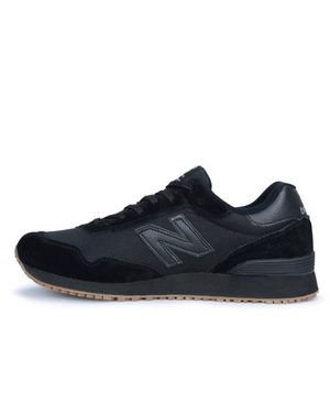 A side view of the New Balance 515 SR Shoe in black showcases its combination of suede and mesh. The shoe proudly features the signature "N" logo on the side, is equipped with a light tan rubber outsole, and includes a lightweight EVA midsole. Its design offers an athletic yet casual appearance.