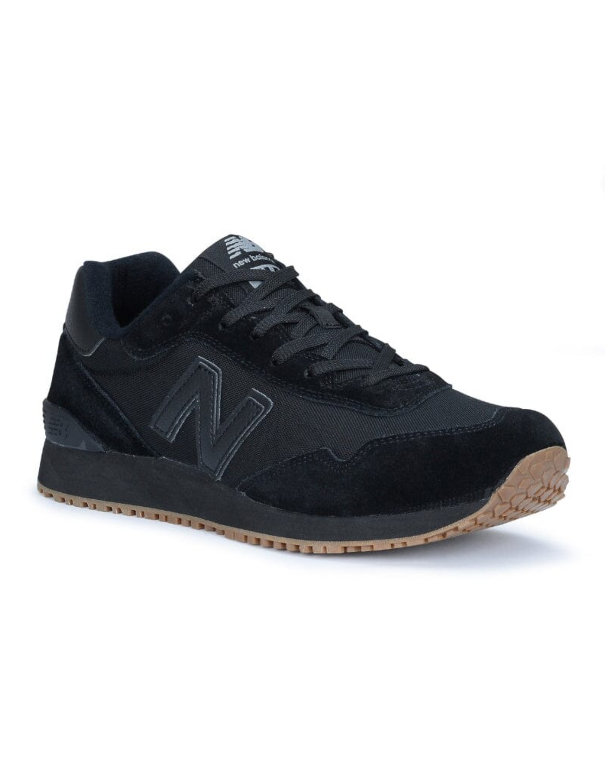The New Balance 515 SR Shoe in black is showcased, featuring a sleek design with suede and mesh panels. It boasts a water-resistant oxford upper and has a gum-colored rubber sole with a textured pattern for grip. The lightweight EVA midsole adds comfort, while the iconic "N" logo is visible on the side and branding is present on the tongue.