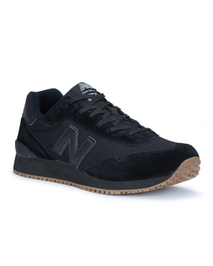 The New Balance 515 SR Shoe in black is showcased, featuring a sleek design with suede and mesh panels. It boasts a water-resistant oxford upper and has a gum-colored rubber sole with a textured pattern for grip. The lightweight EVA midsole adds comfort, while the iconic "N" logo is visible on the side and branding is present on the tongue.