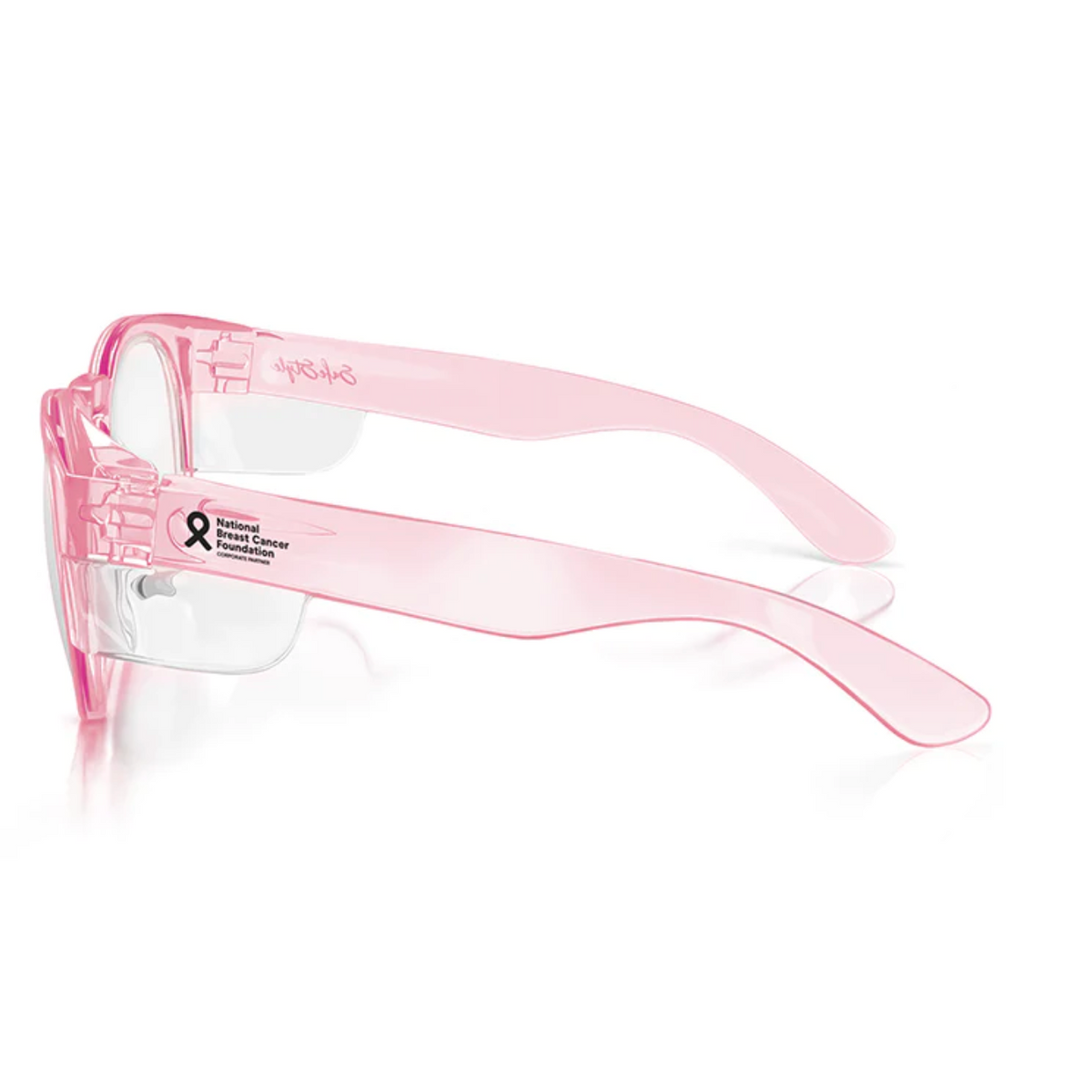 SafeStyle Cruisers Pink Frame Clear Lens safety glasses feature clear lenses, UV protection, and meet rigorous safety ratings. They include a pink ribbon symbol and "National Breast Cancer Foundation, Inc." text on the side.