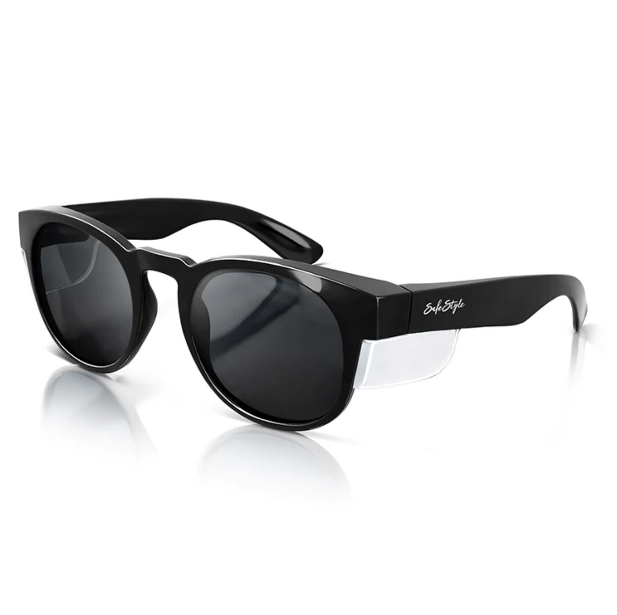 SafeStyle Cruisers boast black polarized round lenses with side shields for UV protection. The glossy frame is sturdy, features a signature logo on the temples, and has excellent safety ratings. The side view highlights its sleek and functional design.