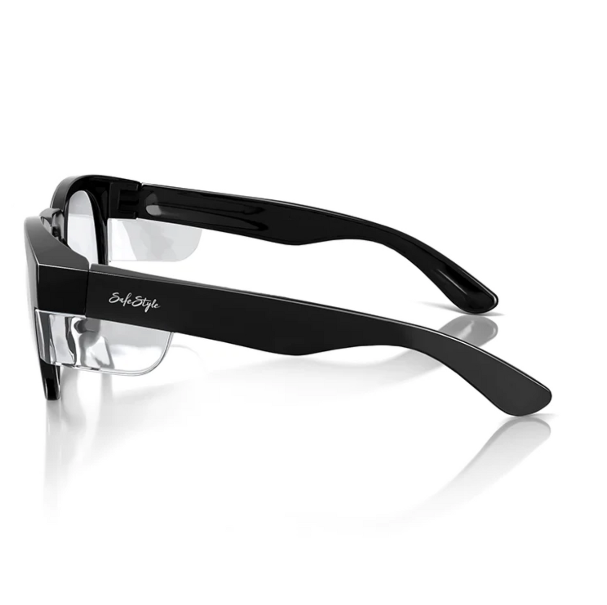 Side view of SafeStyle Cruisers featuring sleek black rectangular frames. Glossy arms subtly display the "SafeStyle" logo near the hinges. Clear lenses ensure UV protection.