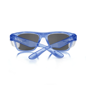 SafeStyle Fusions sunglasses feature a blue wraparound frame with polarized dark lenses offering UV protection. The temples display "Lifeline" and "Solar," boasting a sporty, modern style perfect for active lifestyles.