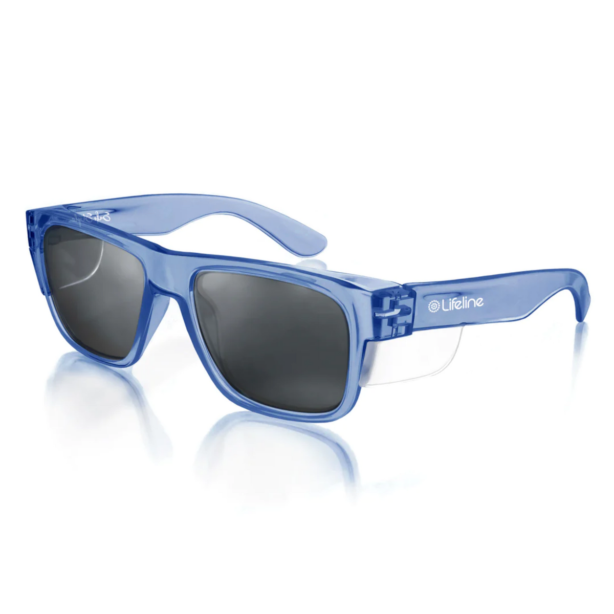 The SafeStyle Fusions feature a blue frame with dark lenses, rectangular shape, and wide arms. The design offers UV protection and a reflective surface underneath for both style and safety.