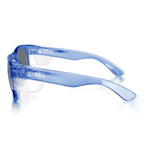 Clear blue plastic eyeglasses with tinted lenses, shown from the side. The SafeStyle Fusions Blue Frame Tinted Lens features "Lifeline" and a circular logo printed in white on the temple.