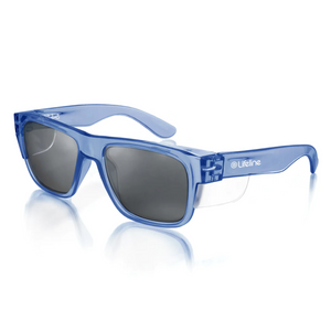 SafeStyle Fusions blue frame sunglasses feature UV protection, dark tinted lenses, transparent side panels, and a logo on the temple, elegantly showcased on a white background.